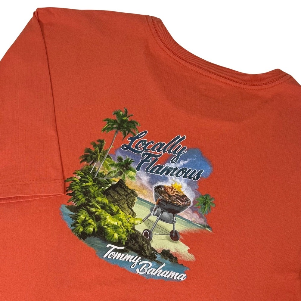 Tommy Bahama Mens XXL Orange Locally Famous BBQ Graphic T-Shirt Cotton Crew Neck